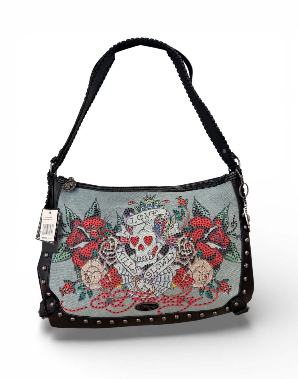 Ed Hardy Love Kills Slowly Rhinestone Denim Shoulder Bag - Picture 2 of 5